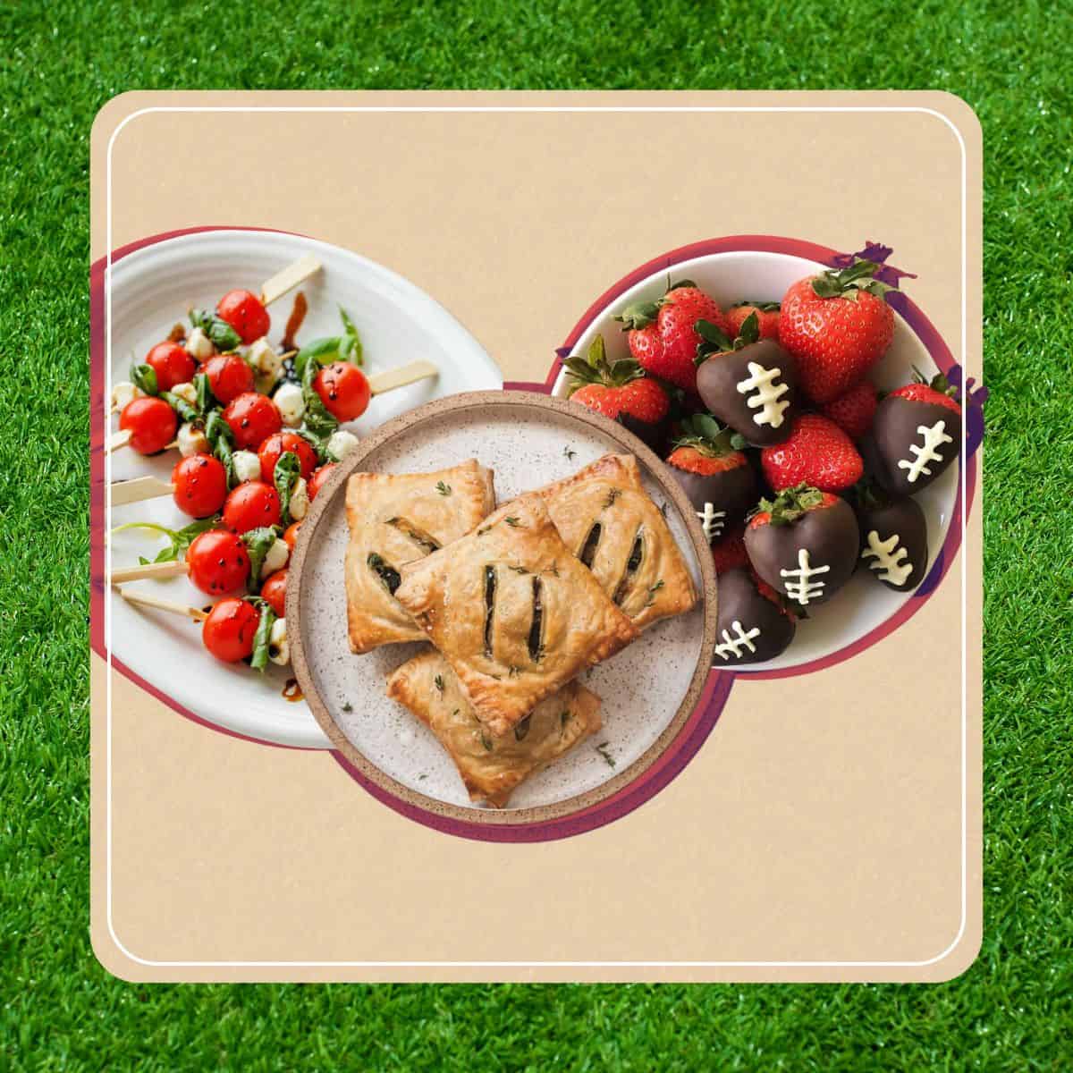 A thumbnail image for an article about AFL Grand Final party food, featuring photos of caprese skewers, hand pies, and chocolate covered strawberry footballs against a footy-inspired background.