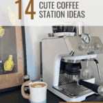 Coffee station with espresso machine, latte art coffee mug, and motivational decor; ideal for coffee lovers and home baristas.