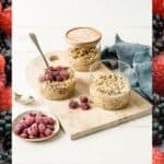 Three jars of overnight oats topped with raspberries.