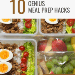 Pinterest pin showing savoury ground meat lunch containers with overlay text '10 genius meal prep hacks'.