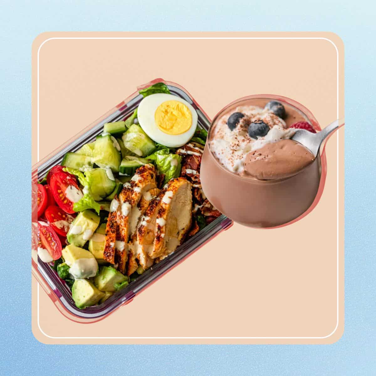 Cobb salad with grilled chicken, boiled egg, and creamy dressing with chocolate and protein pudding in a glass.
