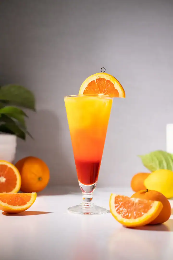 A Garibaldi cocktail in a large glass, garnished with an orange wedge.