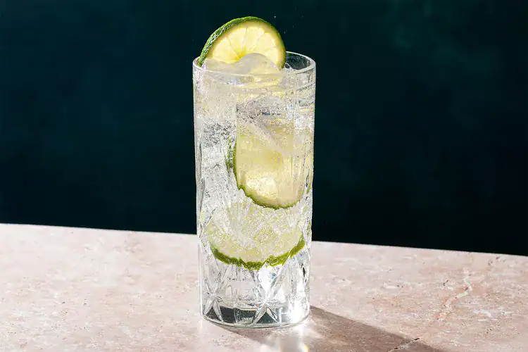 A gin and tonic in a tall glass with ice and lime slices.