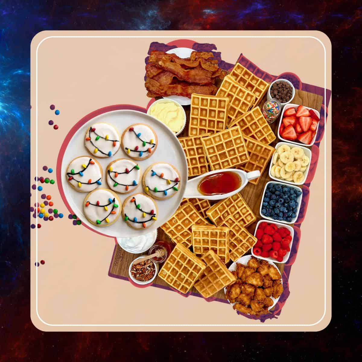 Christmas light cookies and a build-your-own waffle board showcased as key Stranger Things food ideas.