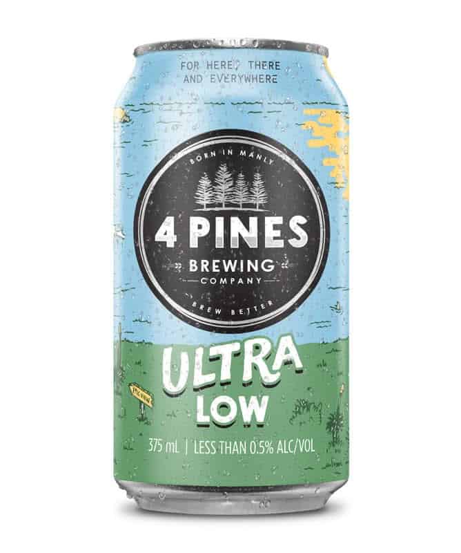 Close-up of 4 Pines Ultra Low Alcohol beer can with blue and green design, featuring the brand logo and alcohol content details.