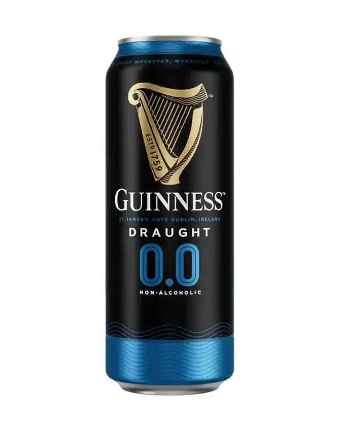 A can of Guinness Draught 0.0 non-alcoholic beer with a black and blue design and the iconic Guinness harp logo.