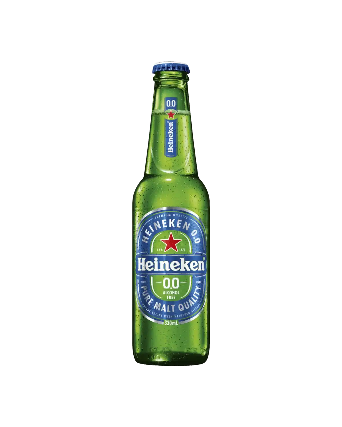 Close-up of a Heineken 0.0 alcohol-free beer bottle with green glass and blue label, showcasing the brand's logo and product details.