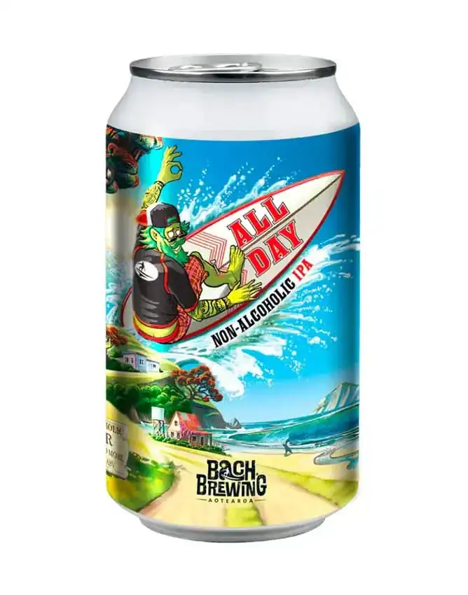 Canned All Day Non-Alcoholic IPA featuring a vibrant surfing scene with a green zombie surfer on a surfboard, set against a beach background.