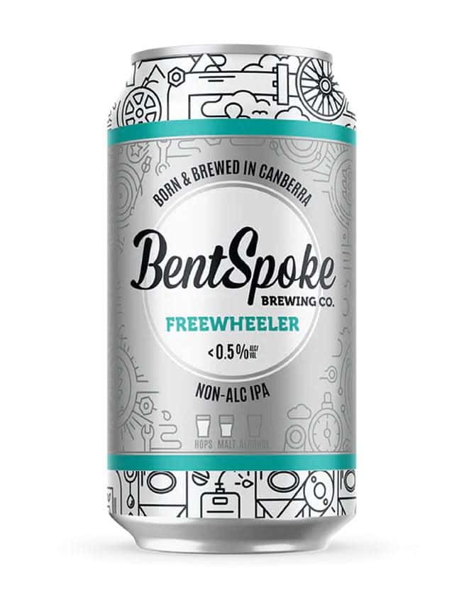 Close-up of Bent Spoke Freewheeler non-alcoholic IPA can with modern design and brewing details, brewed in Canberra.