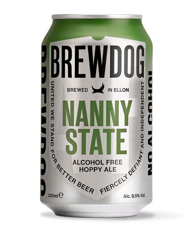 Brewdog Nanny State alcohol-free hoppy beer can with green and white design, 330ml, 0.5% ABV, ideal for beer lovers seeking a non-alcoholic option.
