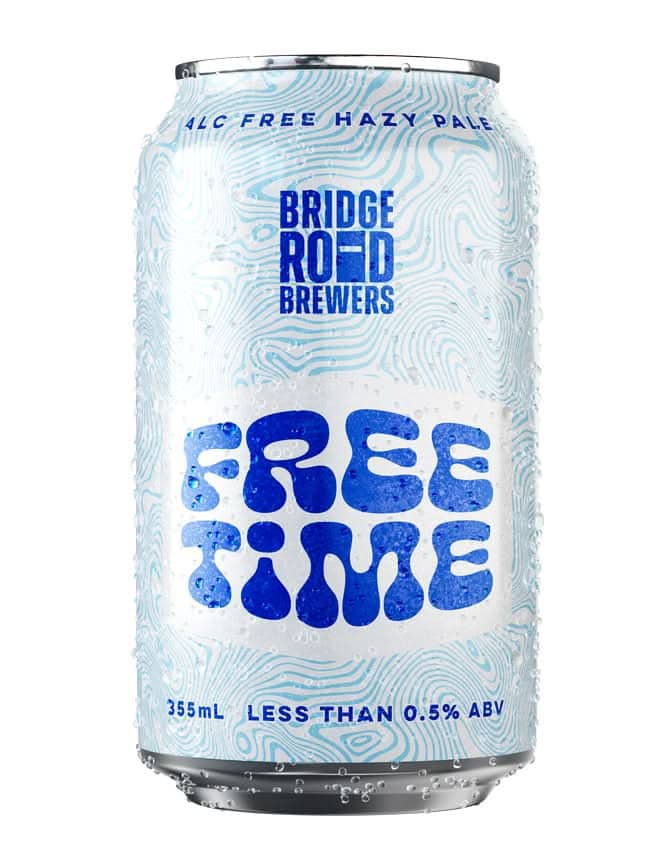 Close-up of Bridge Road Brewers Free Time beer can with icy design and blue text, showcasing a 355ml can with less than 0.5% ABV, ideal for alcohol-free beer lovers.