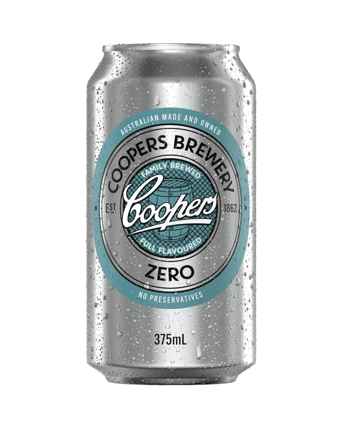 A 375ml Coopers Brewery Zero can with water droplets, highlighting its Australian origin and no preservatives, perfect for health-conscious consumers.