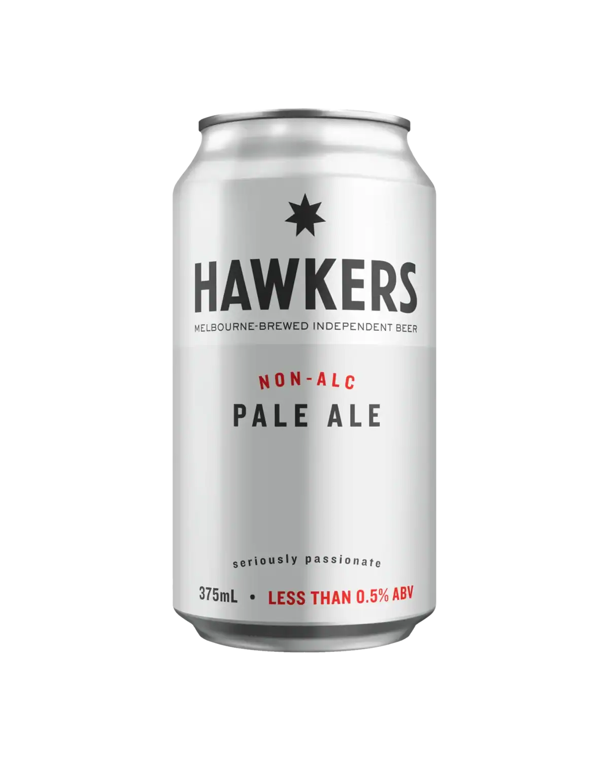 Hawkers Pale Ale beer can with non-alkaline label, Melbourne-brewed, 375ml, less than 0.5% ABV, featuring a minimalist design with a black star and bold text.