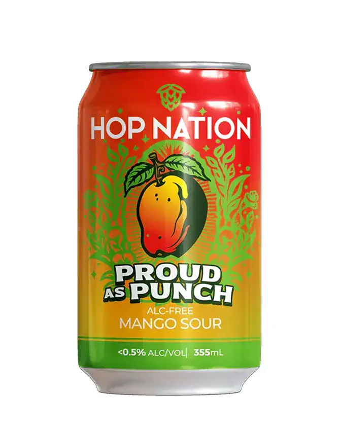 Hop Nation Proud as Punch Mango Sour can featuring a mango illustration and vibrant colors, highlighting its alcohol-free mango sour flavor and 355ml size.