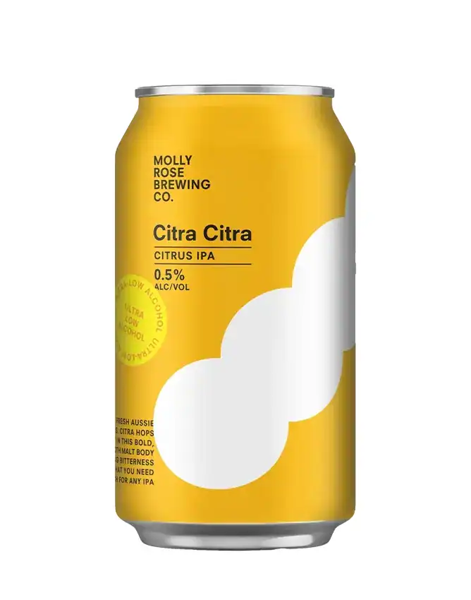 Close-up of Citra Citra Citrus IPA beer can from Molly Rose Brewing Co. featuring a yellow and white design with bold text.