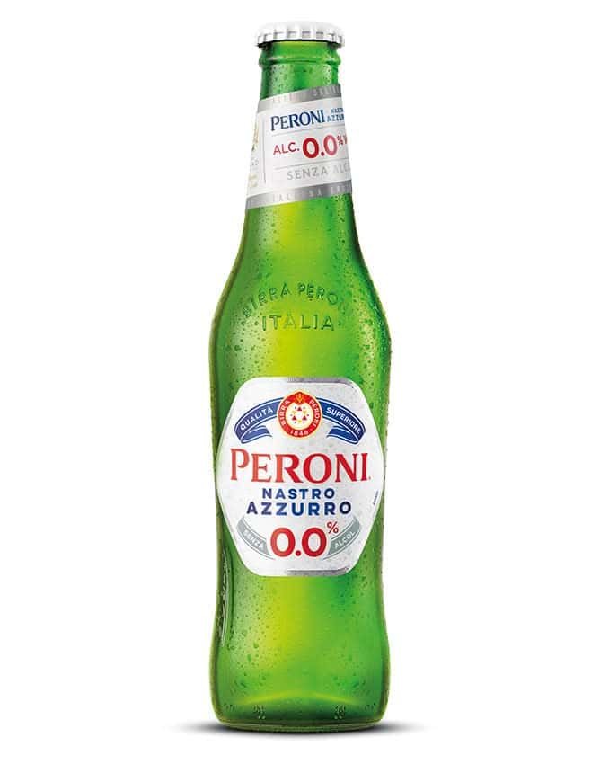 Green glass Peroni Nastro Azzurro 0.0% beer bottle with label, isolated on white background, showcasing Italian origin and alcohol-free status.