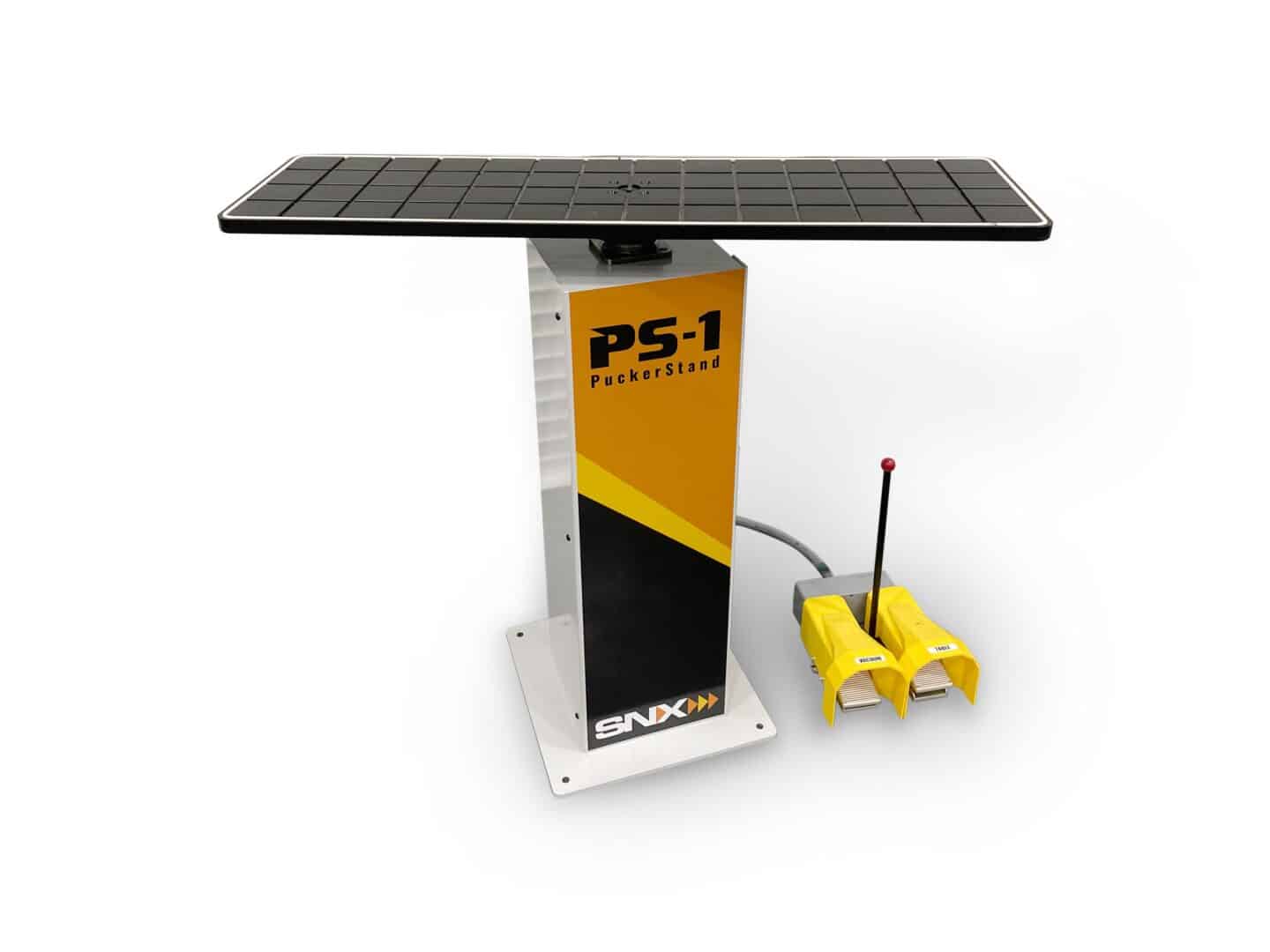 Solar-powered maintenance stand with remote-controlled foot pedals for industrial use.