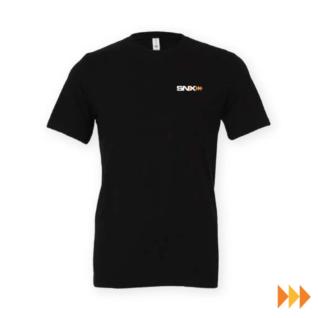 SNX Technologies branded black T-shirt with logo for promotional or corporate use.