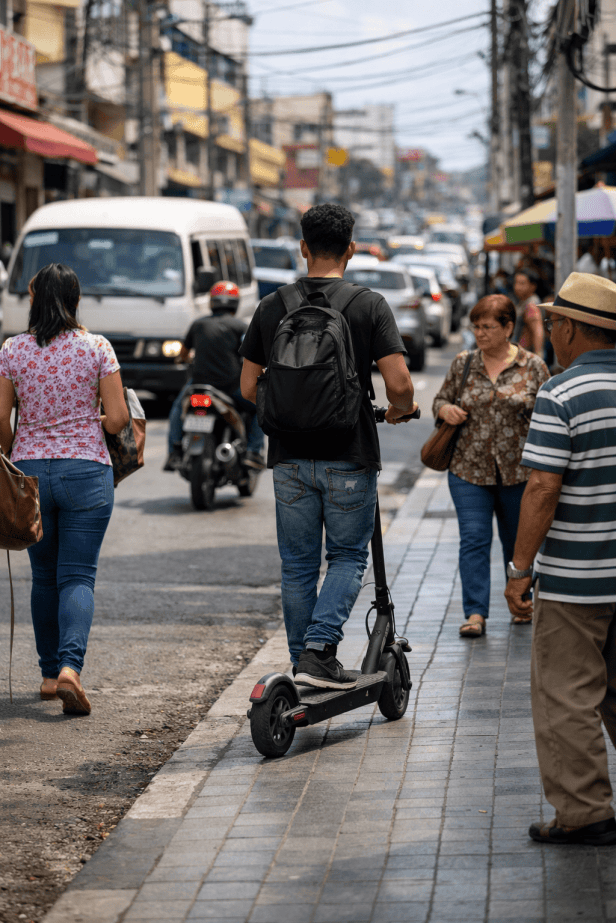 Usuario de patinete eléctrico infringiendo la normativa de 2026 al circular por la acera en Santo Domingo