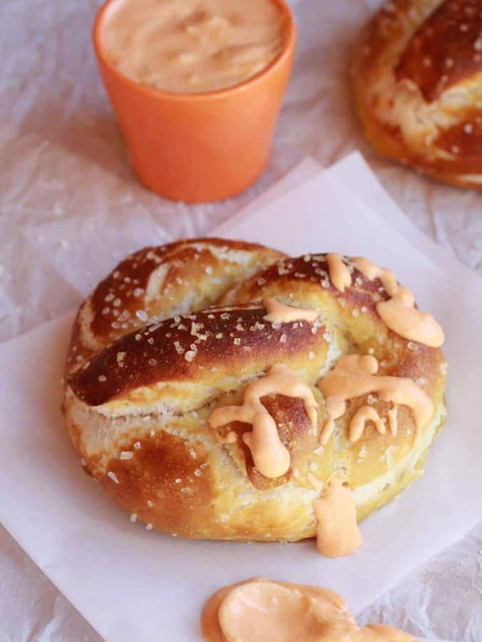 Homemade Soft Pretzels with Hot Buffalo Cheddar Cheese Sauce