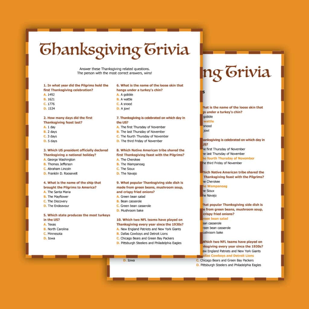 Free Thanksgiving Trivia Questions & Answers Printable