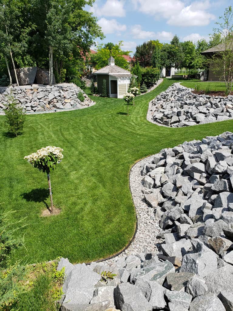 Lush green lawn with rock landscaping and garden shed in a backyard garden setting.