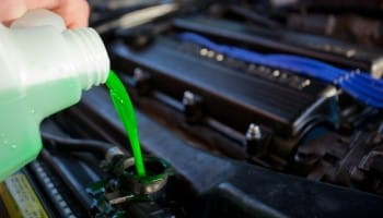 Engine coolant being poured into a car engine for maintenance.