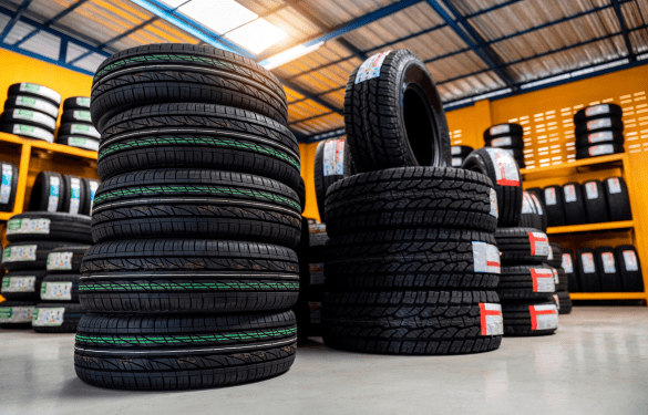 Stacks of new tires at Tatlow Tire store.