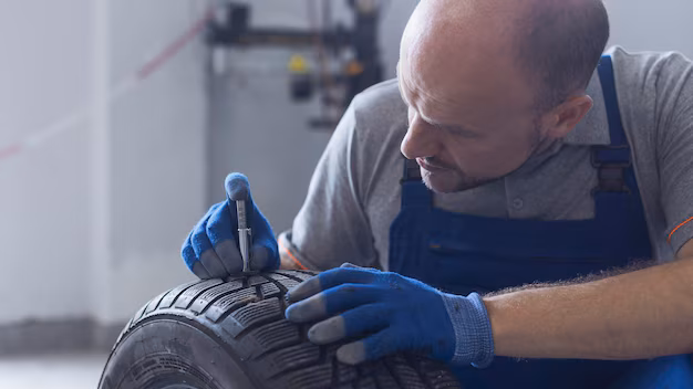 Mechanic checking tire depth wear