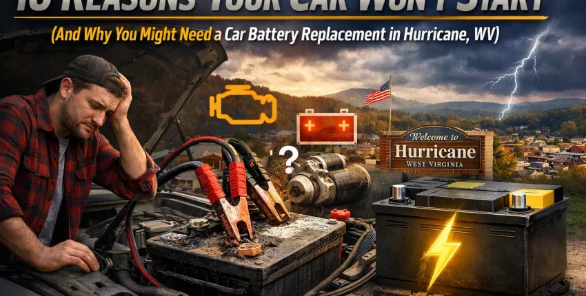 A man inspecting a car battery with warning icons indicating electrical problems.
