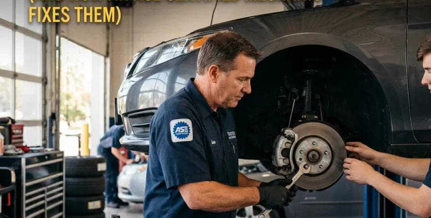 ASE Certified Mechanic performing brake repair at Teays Valley Auto Service Center.