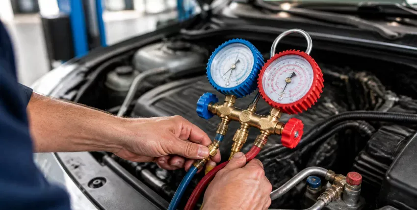 Technician checking car's air conditioning system with gauges at Teays Valley Auto.