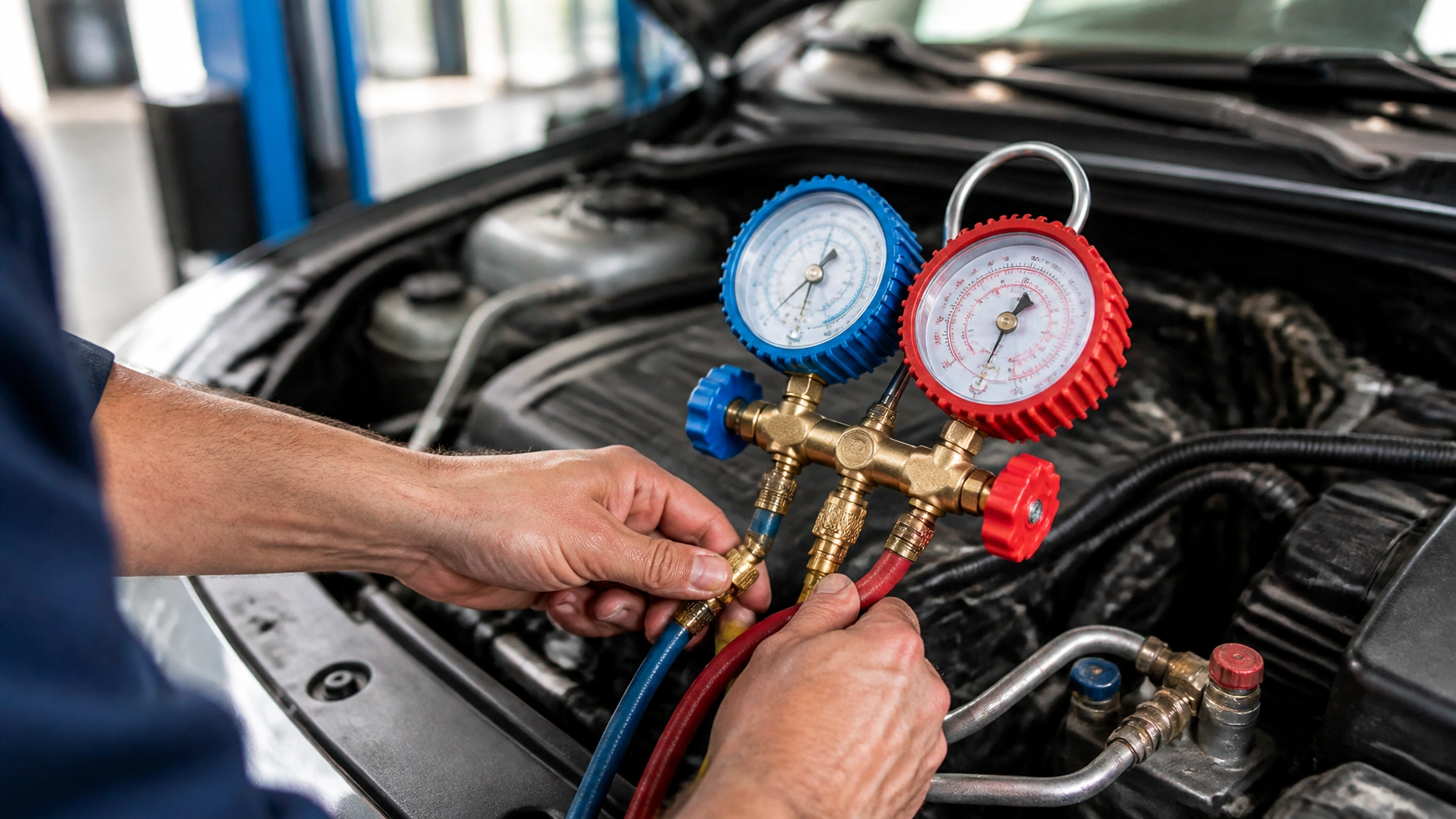 Technician checking car's air conditioning system with gauges at Teays Valley Auto.