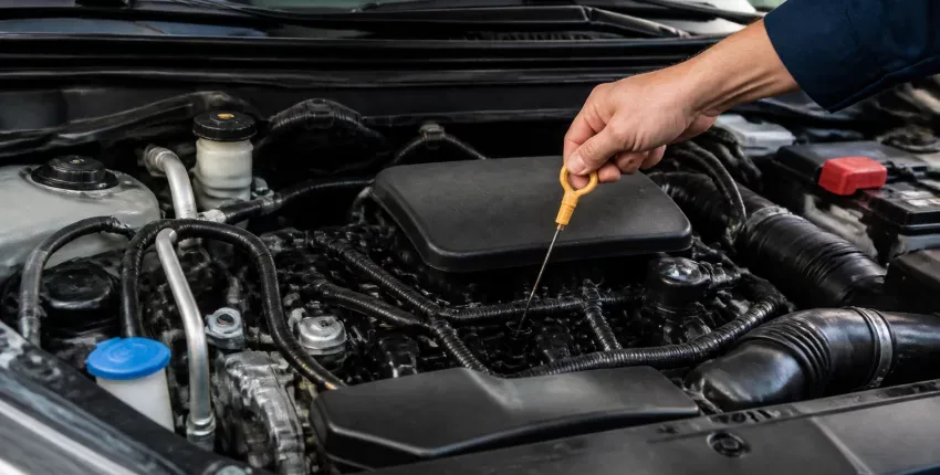 Mechanic checking engine oil level in car engine at Teays Valley Auto.