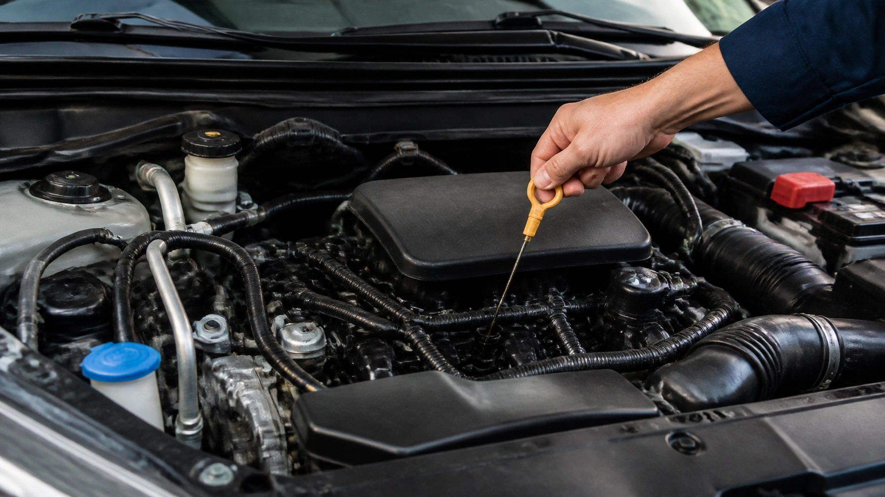 Mechanic checking engine oil level in car engine at Teays Valley Auto.