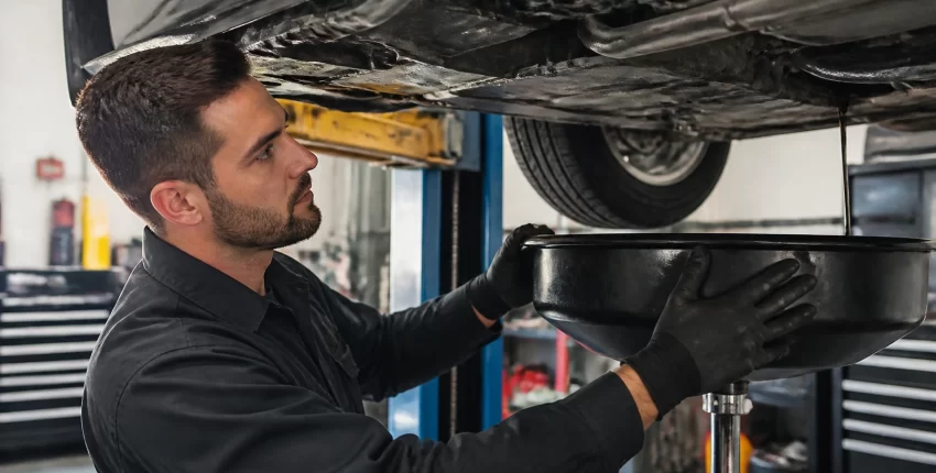 Auto mechanic inspecting car oil pan in repair shop.