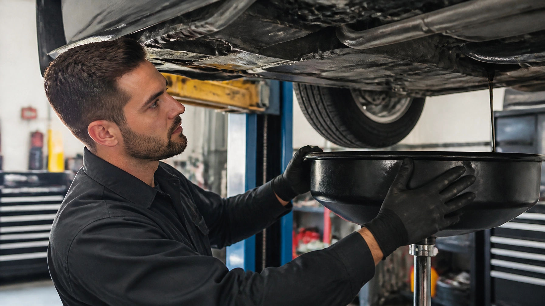 Auto mechanic inspecting car oil pan in repair shop.