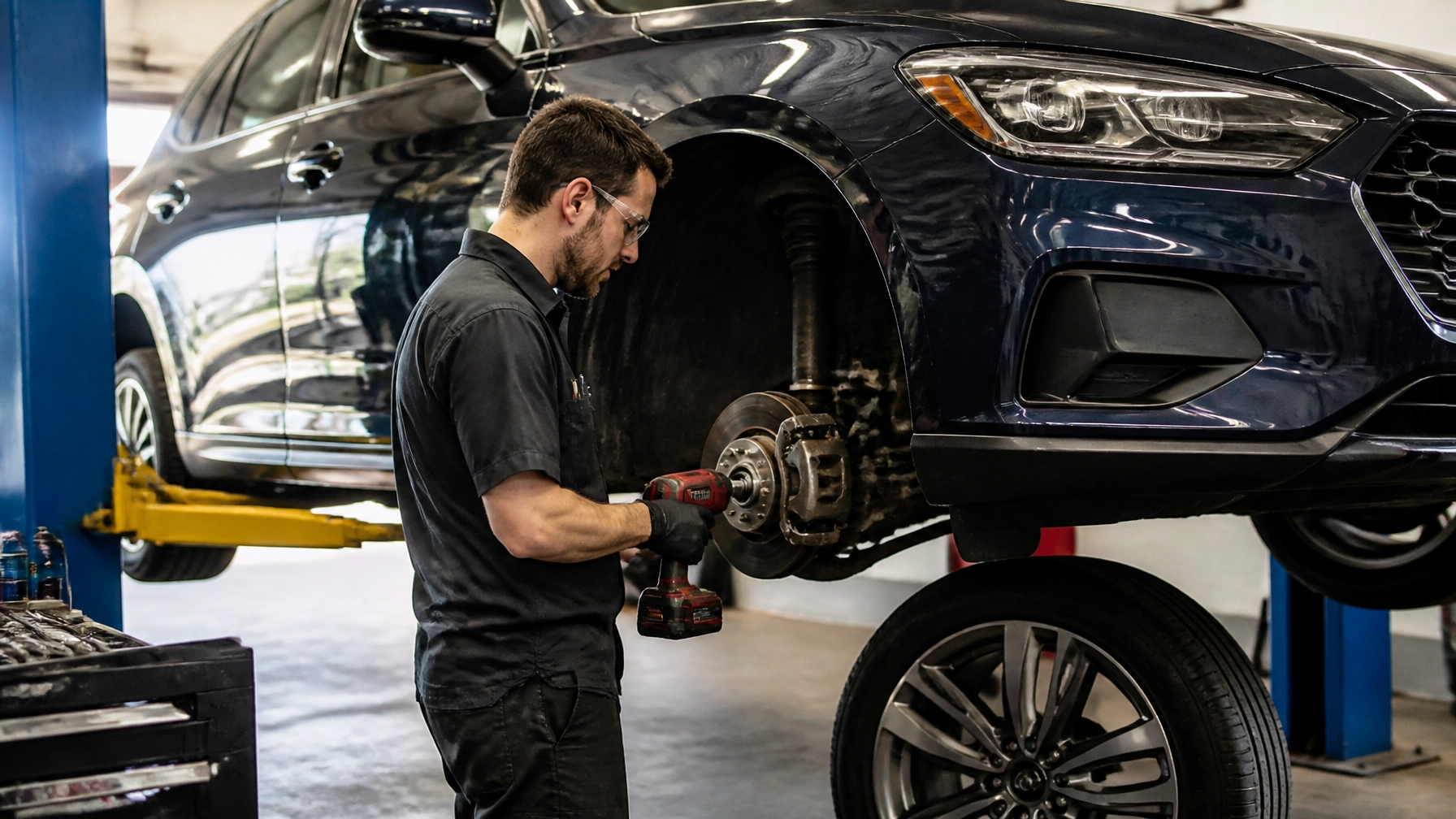 Auto mechanic working on a car's brake system at Teays Valley Auto.