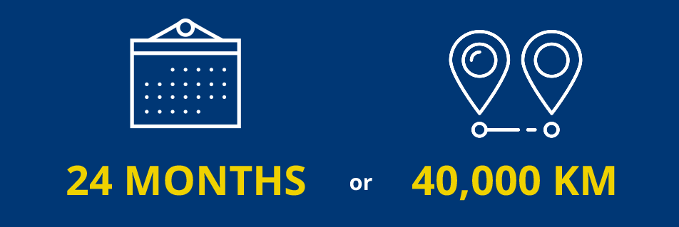Auto maintenance schedule icon with 24 months or 40,000 km options.
