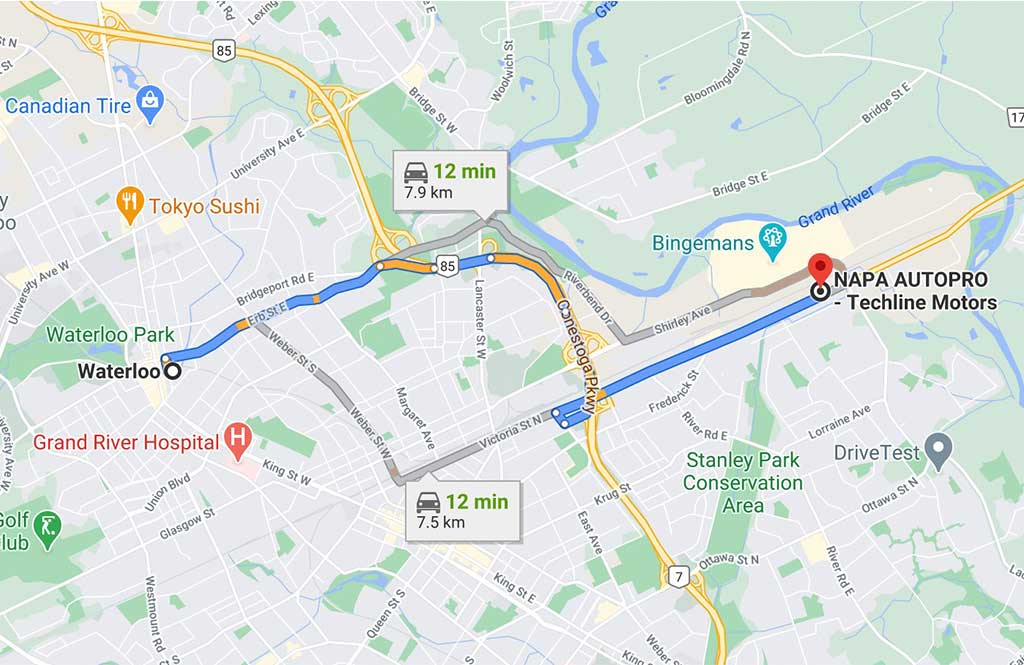 Map showing directions to NAPA Autopro in Waterloo, Ontario.