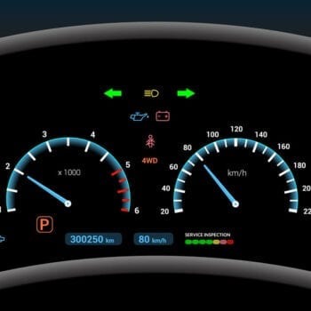 Car dashboard showing speed, fuel, and warning lights at Techline Motors.