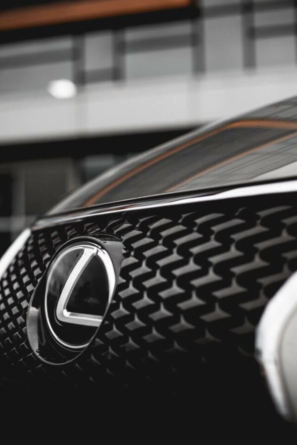Close-up of Lexus emblem on a sleek black car at Techline Motors.