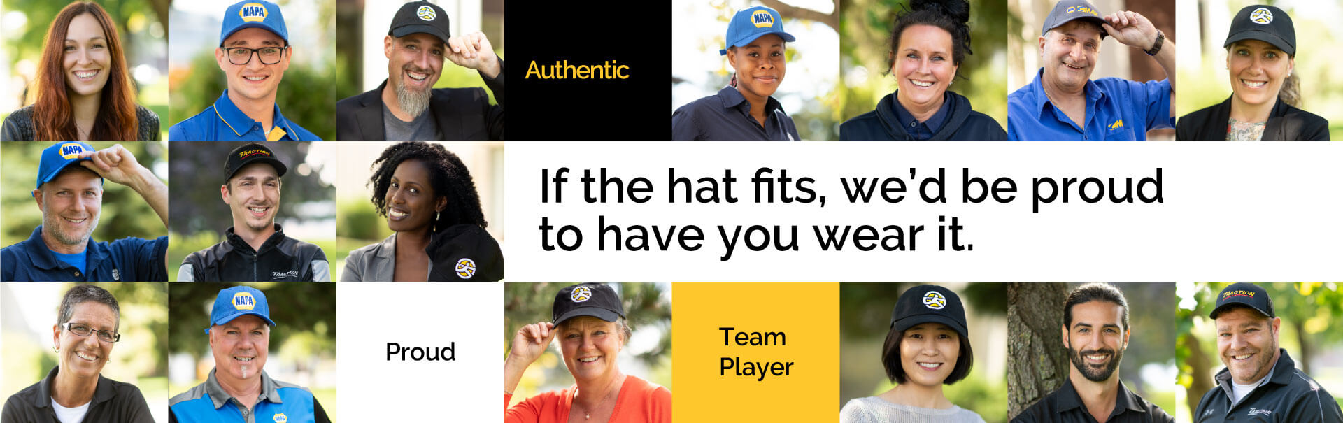 Group of diverse team members wearing hats at Techline Motors.