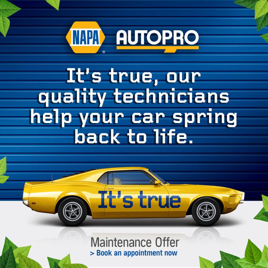 NAPA Autopro logo with yellow sports car and spring maintenance message.