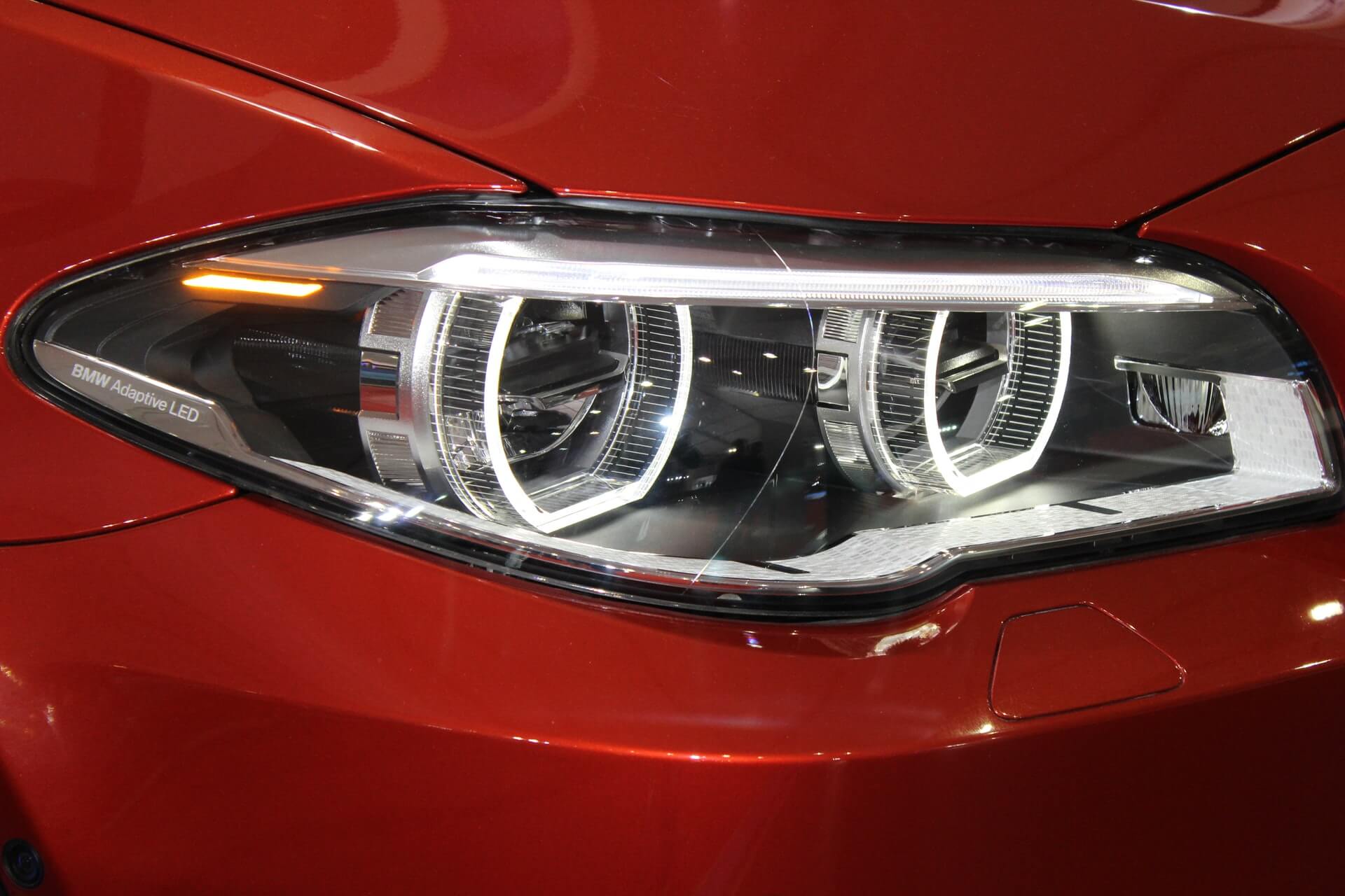 Close-up of a modern car headlight with LED technology.