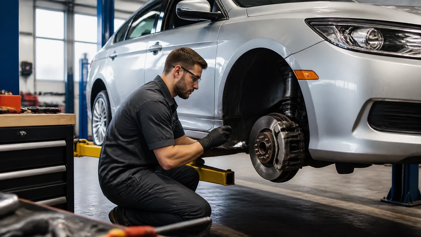 Technician inspecting a silver sedan at Techline Motors shop.