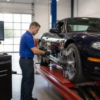 Technician inspecting a dark blue sports car at Techline Motors.