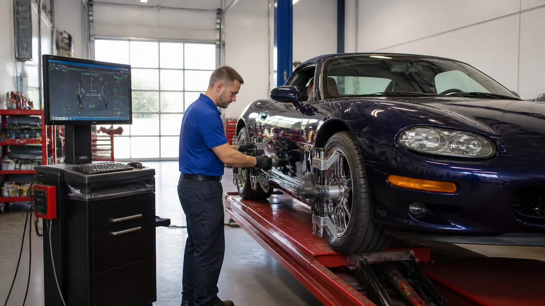 Technician inspecting a dark blue sports car at Techline Motors.