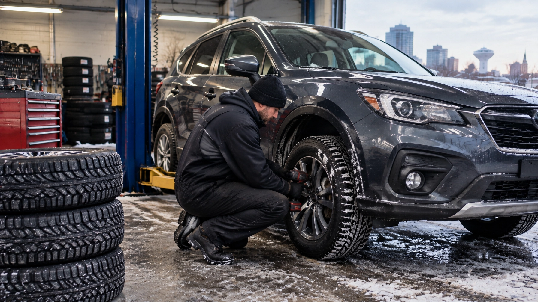 Technician changing a car tire at Techline Motors, NAPA Autopro shop.
