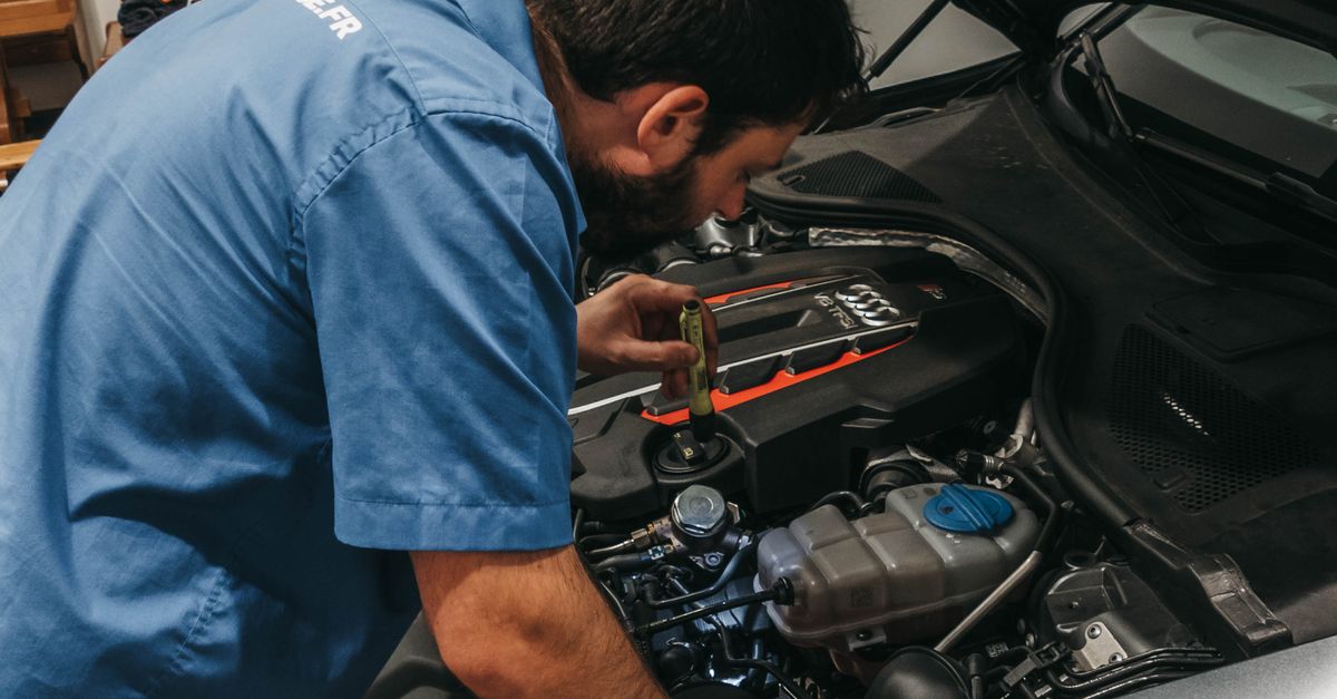 Technician inspecting car engine at Techline Motors, NAPA Autopro shop.